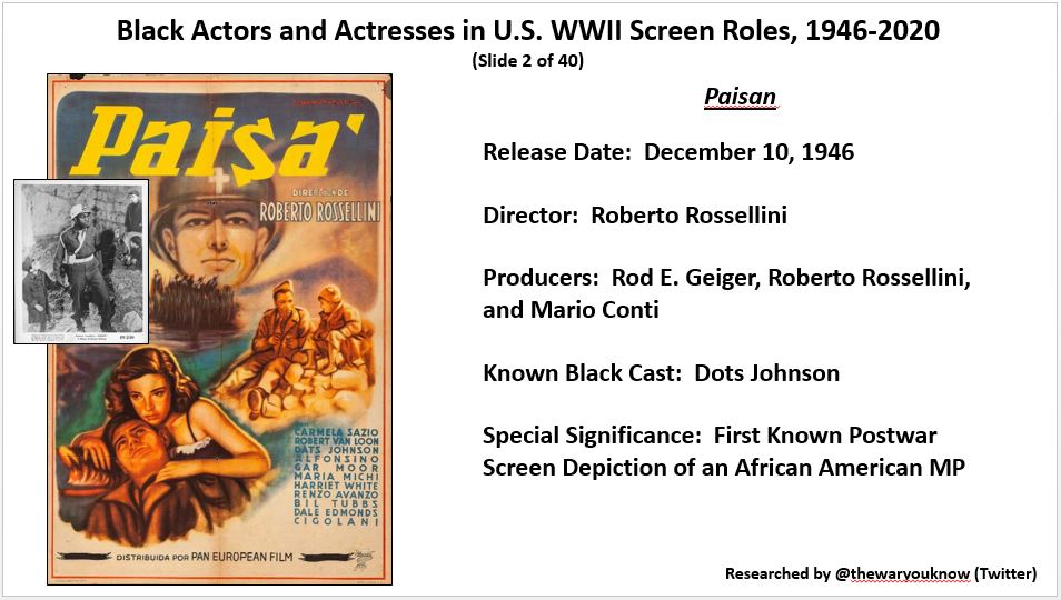 thewaryouknow's tweet photo. @AdamGivens71 @sdhinnershitz @IanWToll @nfergus @jamesmscott3 @arl0008 @StraussGwen @MKStoryLife1 @MichaelNeiberg @janetsomerville @HilaryRoberts57 A recent project - Black Actors and Actresses in U.S. WWII Screen Roles, 1946- 2020. Tweet 1 of 10. Thank you for your time - https://t.co/eIZN9LNX5h