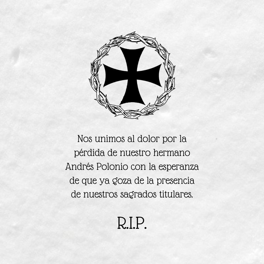 HddExpiracion's tweet photo. Nos unimos al dolor por la pérdida de nuestro hermano Andrés Polonio con la esperanza de que ya goza de la presencia de nuestros sagrados titulares.

R.I.P. https://t.co/GCS0UYkP7U