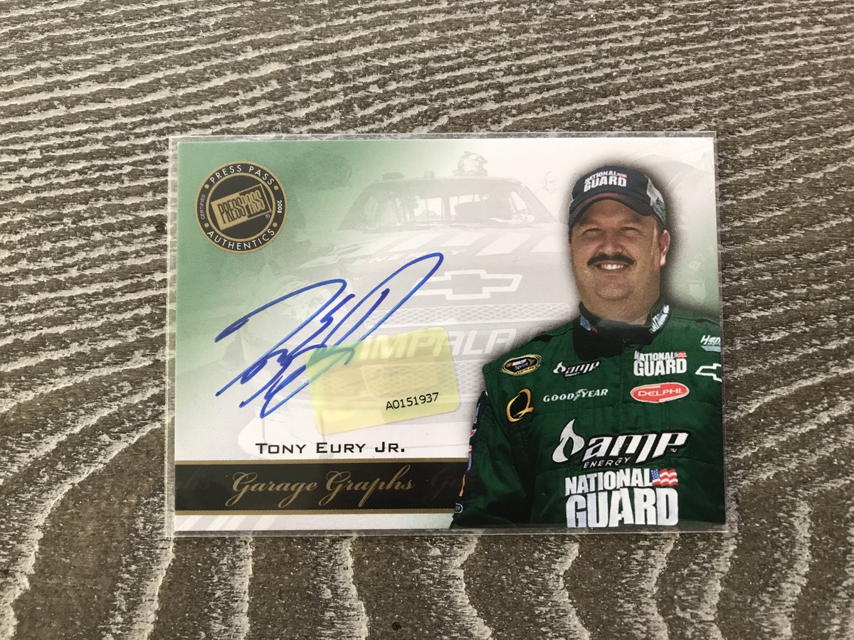 The Garage Graphs insert set in 2008 Press Pass Speedway features crew chief's, Chad Knaus, Greg Zipadelli, Steve Letarte and Tony Eury Jr. There is also a dual signed version with the driver and crew chief.