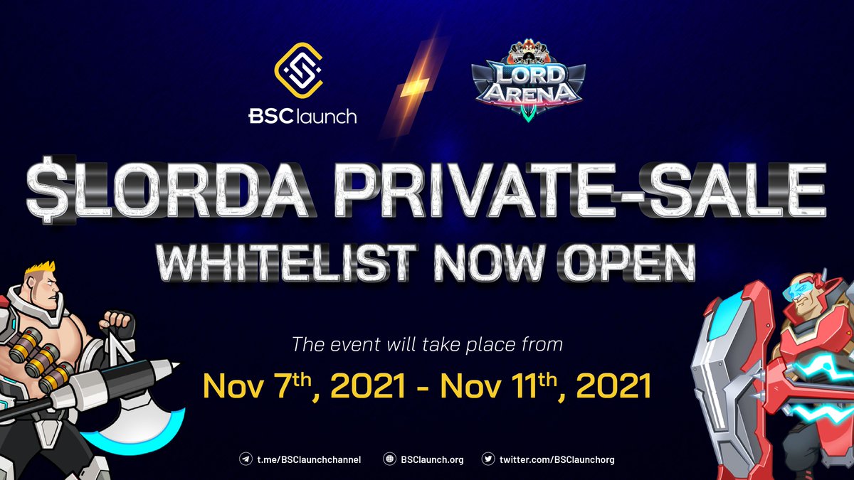 BSClaunchorg's tweet photo. 🚀Launchers, @LordArenaNFT  private-sale whitelist registration is now live!

⏱️Duration: The event will take place from Nov 6th to 11th.

���How to participate?: https://t.co/tEtf5gNoE5

$LORDA x $BSL

#SOL #BSC #NFT #P2E #GameFi #LordArena
#Solana #BinanceSmartChain #BSClaunch https://t.co/fpDdYneJ2v