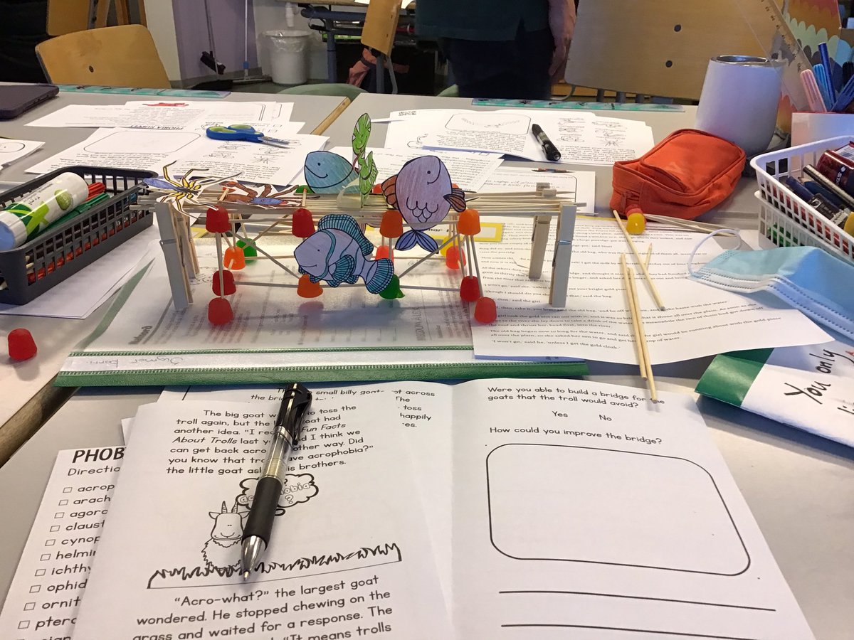 Mixing literacy with engineering and design challenges for our younger student….þegar þarf að hanna nýja brú svo tröllið nái ekki geitinni. Tröllið er með alls konar fóbíur t.d. lofthrætt, með innilokunarkennd, myrkfælið hrætt við dýr t.d. fugla, hunda,#utis2021 ,  #menntaspjall