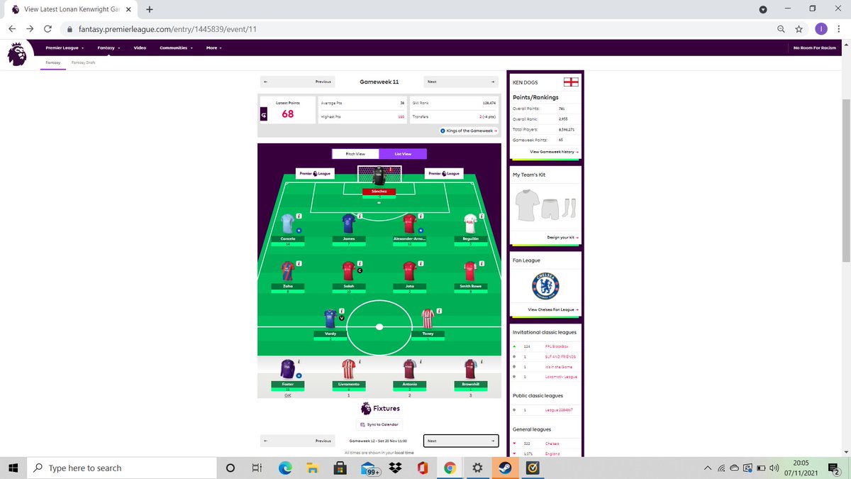 JimmothyJenkn's tweet photo. Decent week despite moves working against me short term. Walker > Regullion&amp;Mount > Jota. Both moves were long term play but cost me 10 points including -4 this week. Thoughts: Like my team fr next week but with enough in the bank for ronaldo or kane, vardy is on the way out #FPL https://t.co/z56S1P44gR