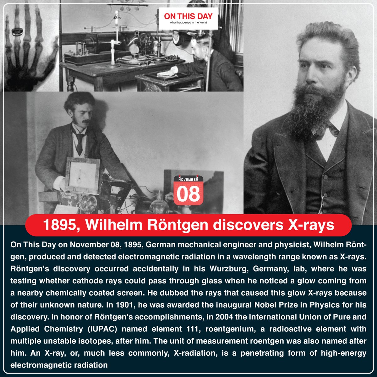 OnThisDayInWor1's tweet photo. #OnThisDay 1895, Wilhelm Röntgen discovers X-rays
#november08 #doyouknow #historytoday #in1895 #126yeasrago #wilhelröntgen #xrays #wilhelröntgdiscoverxray #NobelPrizPhysics https://t.co/5ZYovBr8uz