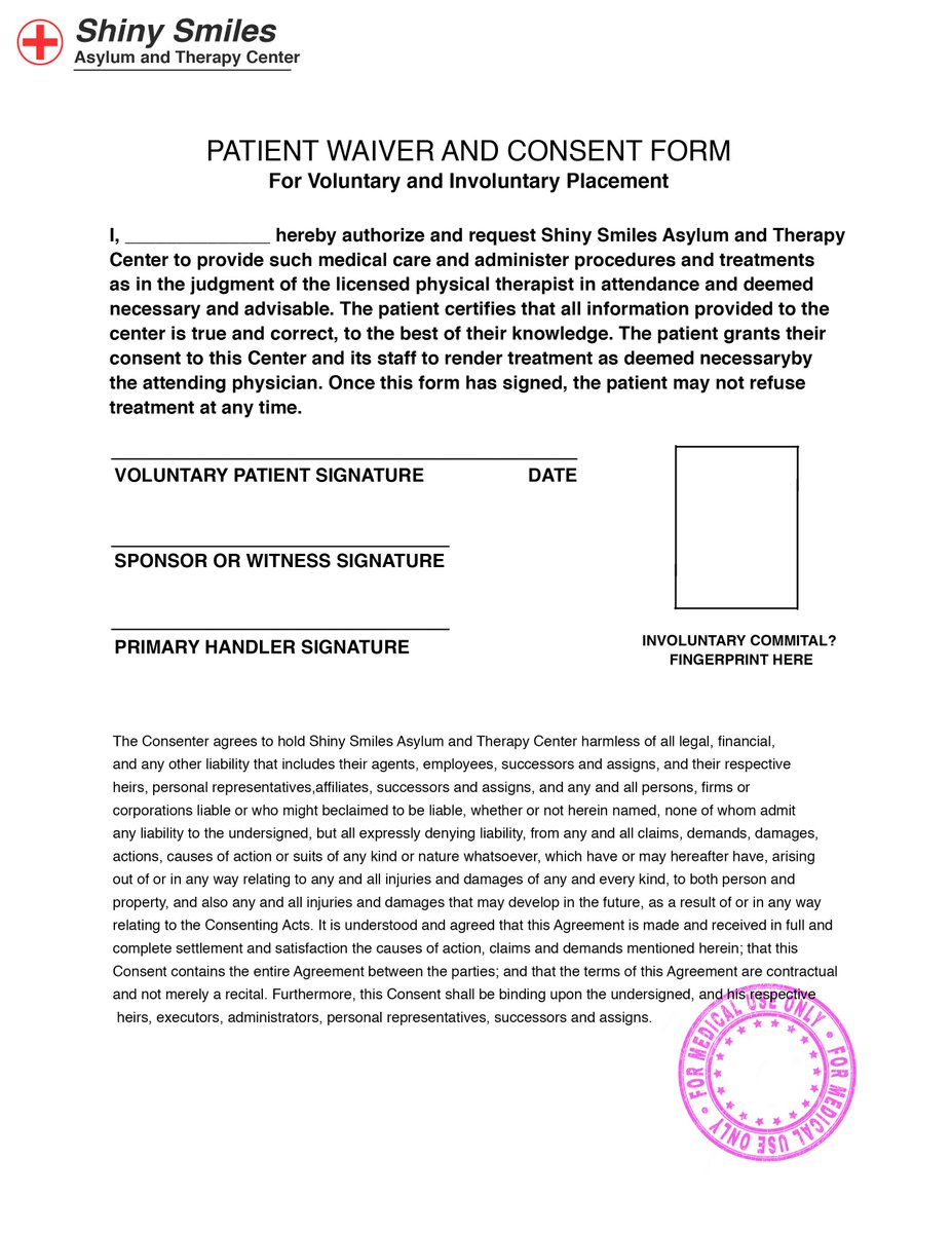 So I'd already posted this on my alt acct, but thought some of you might be interested in a bit of worldbuilding I've done for Shiny Smiles Asylum and Therapy Center.

Basically "Medical Intake/Consent Form," but make it horny.