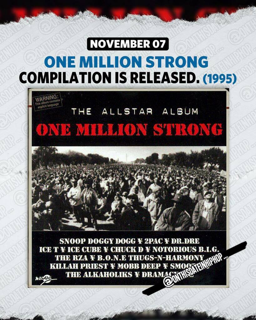 bleepthabastard's tweet photo. #OnThisDateInHipHop, the #OneMillionStrong compilation was released to commemorate the #MillionManMarch.

The project featured #2pac and #Biggie's #RunninFromThePolice. 

This is proper use of the HipHop platform.

#BoneThugs there.. #ChuckD there. #Snoo… https://t.co/ELVcwSnSGW https://t.co/8dYG9bSIkI