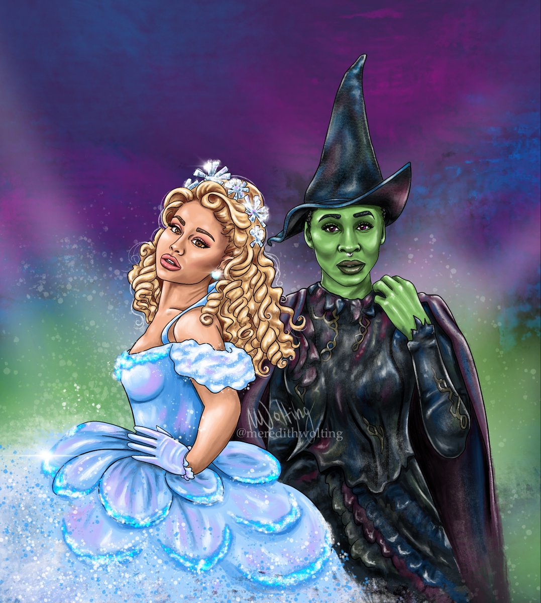 meredithwolting's tweet photo. Feeling a little #Wicked today and had to do some fan art of @ArianaGrande as Glinda and #CynthiaErivo as Elphaba. So excited for the #WickedMovie! 💚🧹 @WICKED_Musical https://t.co/hQ1BhnKIar