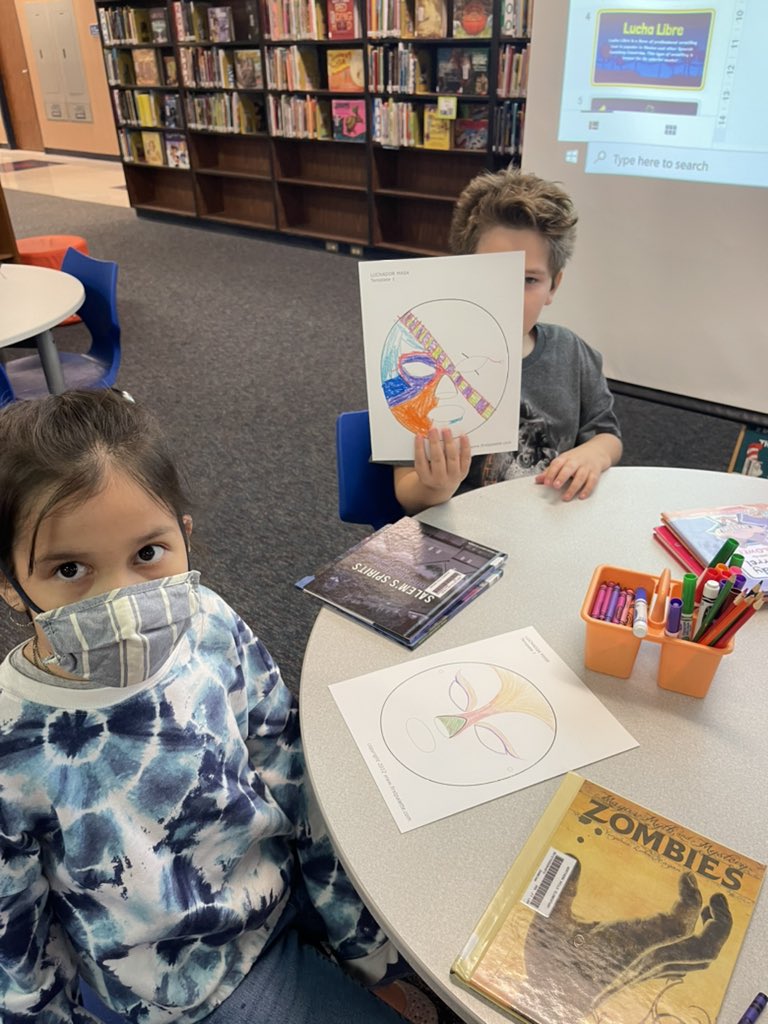 NHBookinBroncos's tweet photo. Our K-3rd grade students learned about Lucha Libre during Hispanic Heritage Month and designed their own Luchador Mask. #ElementaryLibrarian #neisdlibs #bookinbroncos @NorthernHillsES https://t.co/uCqL6KqJdp