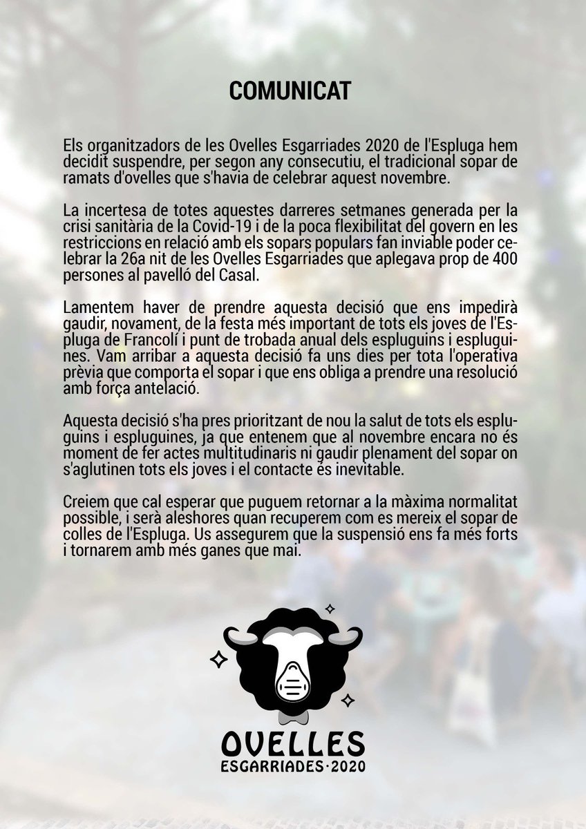 Ovelles2020's tweet photo. Comunicat sobre el sopar de les Ovelles Esgarriades 2021 https://t.co/BCMttjA8Ou