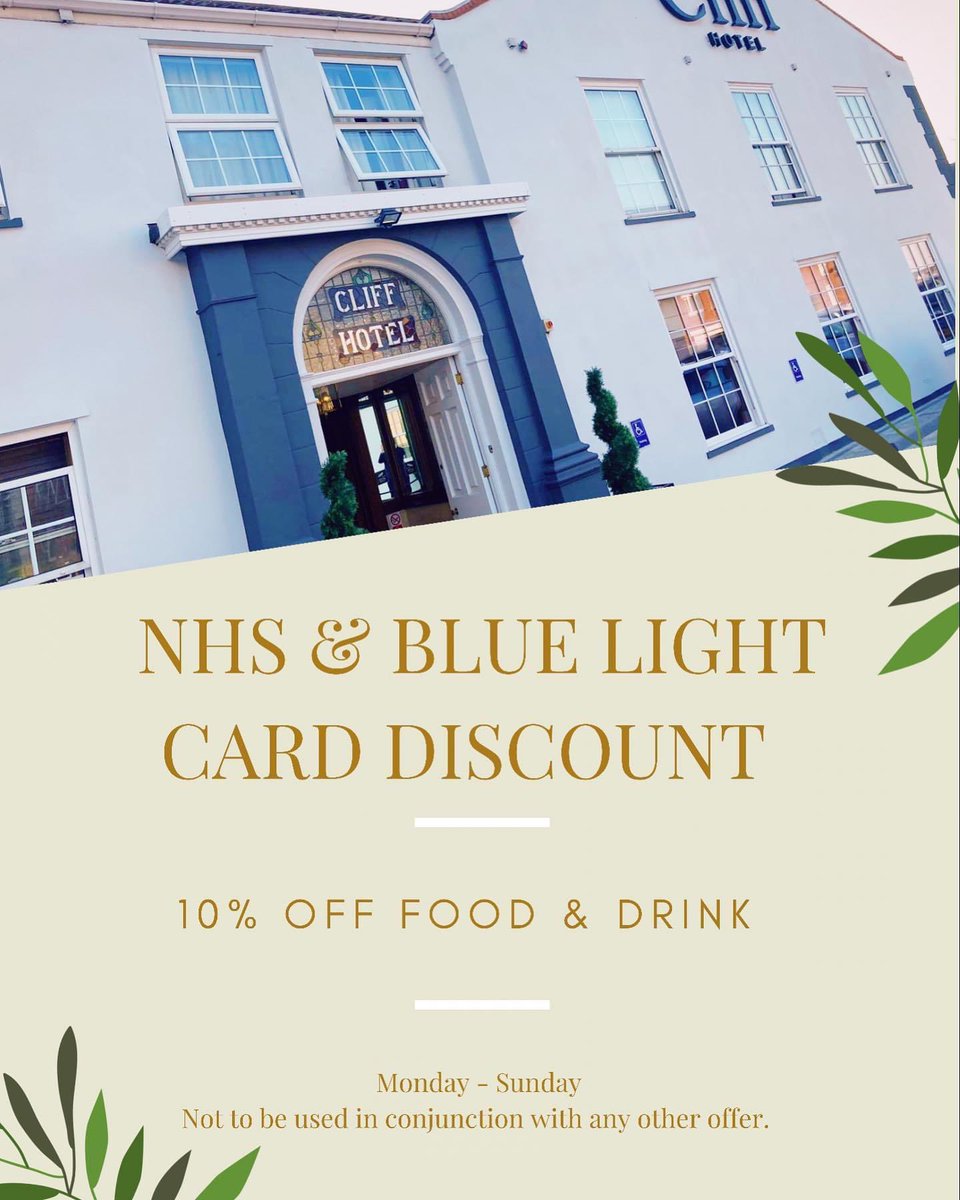 Don’t forget that we have a 10% discount for all NHS workers and Blue Light card holders! 🙌🏼.
.
.
.
#nhsdiscount #bluelightcard #discount #norfolk #norfolkfood #norfolkhotel #gorleston #gorlestononsea #thecliffhotel