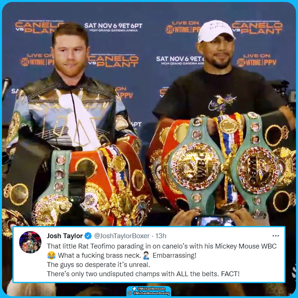 Michael Benson on Twitter: &quot;Josh Taylor is not a fan of Teofimo Lopez posing alongside Canelo Alvarez with his belts after last night&#39;s post-fight press conference… https://t.co/4TyJNCvklA&quot; / Twitter