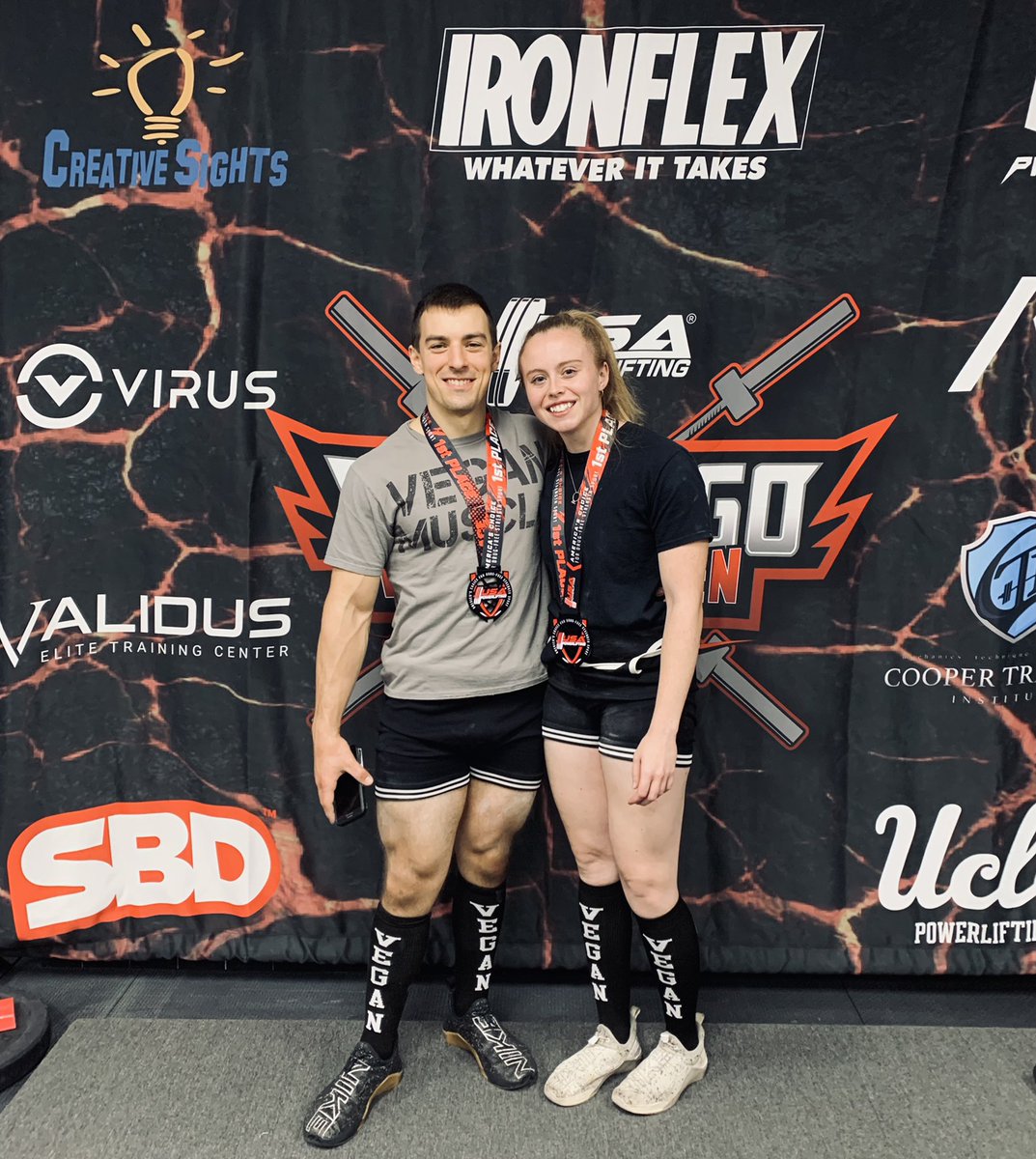 Another victory for these #vegan powerlifters! A new 74kg bench press state record, two gold medals, and a couple of “random” drug tests later your 57 and 74 kg winners in San Diego are vegan and have the socks to prove it! 🧦 Because animals don’t need to suffer for strength