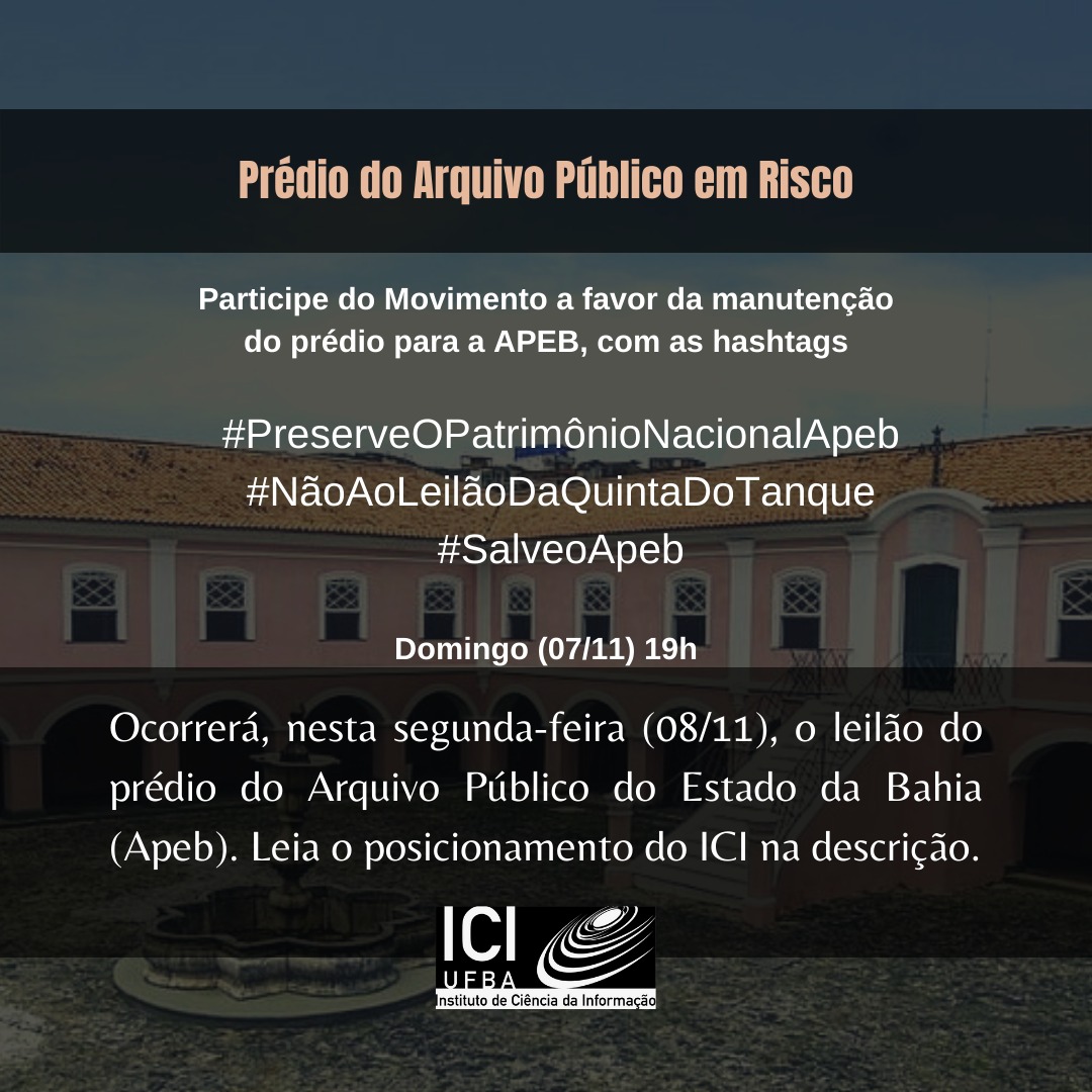 Se você também é contra o leilão, participe da campanha Não Ao Leilão do Solar da Quinta do Tanque, que acontecerá, nas redes sociais, as 19h, subindo as hashtags #PreserveOPatrimônioNacionalAPEB #NãoAoLeilãoDaQuintaDoTanque  #SalveOApeb.  
<a href="/ruicostaoficial/">Rui Costa</a>  <a href="/govba/">Susan Bays</a>