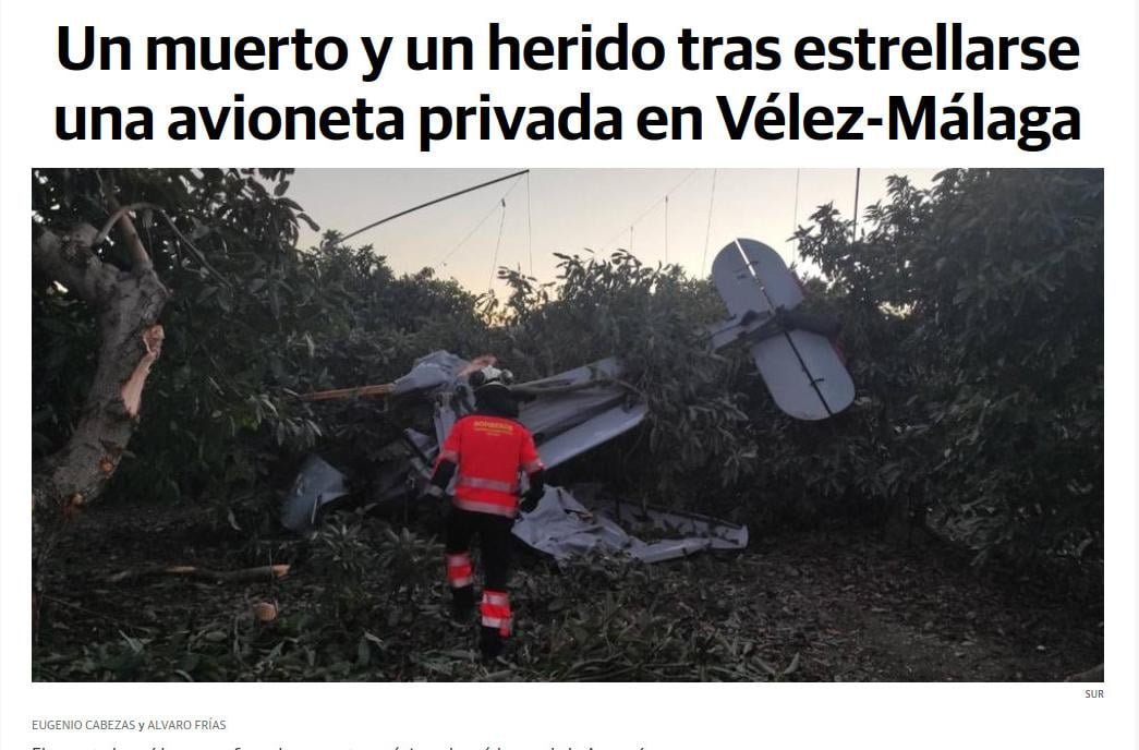 Lamentablemente se ha producido otro accidente mortal en las proximidades del aeroclub de Vélez-Málaga.
Volvemos a alertar de la peligrosidad que supone el sobrevuelo constante de avionetas en los núcleos urbanos de la Axarquía.
diariosur.es/.../muerto-acc…...