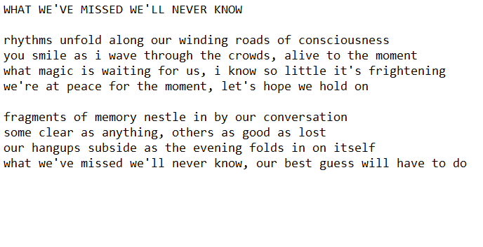 PoetClockwork's tweet image. WHAT WE'VE MISSED WE'LL NEVER KNOW

#poet #poem #poetrylovers #poetrytwitter 
#writingcommmunity