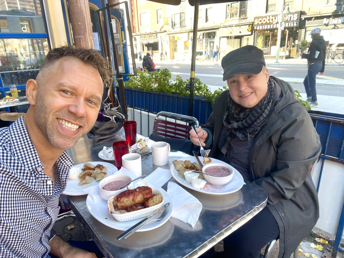 jefferystraker's tweet photo. Nov 7 no-jacket patio dining with my pal Kim. Perogies, cabbage rolls and borscht at Future Bakery, Toronto. You can take the boy off the farm….. #yyz #perogie #alfresco https://t.co/q0kbV2YzfS