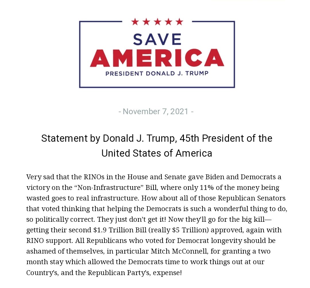 realLizUSA's tweet photo. NEW!

President Donald J. Trump:

“Very sad that the RINOs in the House and Senate gave Biden and Democrats a victory on the “Non-Infrastructure” Bill, where only 11% of the money being wasted goes to real infrastructure. How about all of those Republican Senators that voted... https://t.co/vwpNGPLmuX
