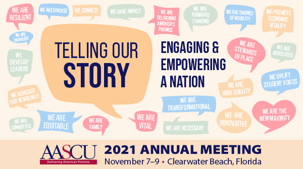 AASCU's tweet photo. We're so excited that the time has finally come for the start of AASCU’s 2021 Annual Meeting: Telling Our Story: Engaging &amp; Empowering a Nation. It’s been so long since we’ve gathered together in person, &amp; we're thrilled to welcome attendees to Clearwater, FL &amp; online #aascuAM21 https://t.co/lU5CuItUhj