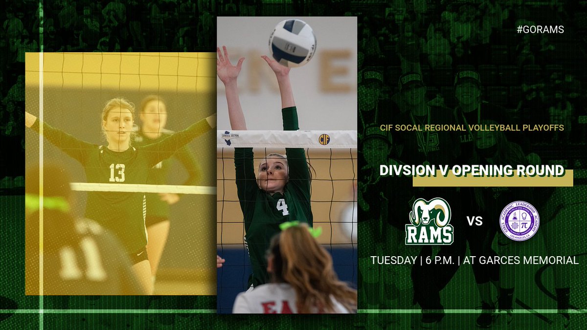 GarcesAthletics's tweet photo. The Garces volleyball team has been selected as the No. 3 seed in the @CIFState SoCal Division V regional playoffs after yesterday's @CifCentral D-IV championships.
The Rams will host GALA from Los Angeles on Tuesday at 6 p.m.
The full bracket: https://t.co/DT93uLkUDp
#GoRams https://t.co/5ATgXGlAl6