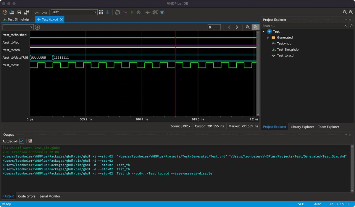 VHDPlus's tweet photo. #VHDPlus IDE running on MacOS, demonstrating a simulation using #GHDL and our new builtin VCD viewer. 
https://t.co/lrMkd4kbgI https://t.co/Hgy96hEHqM