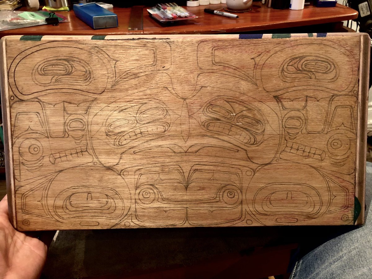DOC604's tweet photo. Started working on a few new #FirstNations #traditionalart pieces on one of my old #Cajons; I’m trying to pay homage to #bentbox #NativeDesigns that originally inspired me as well as the classic work of #BillReid . #davidcapperartwork #percussion #artwork #percussionlife https://t.co/lUmLoeACrR