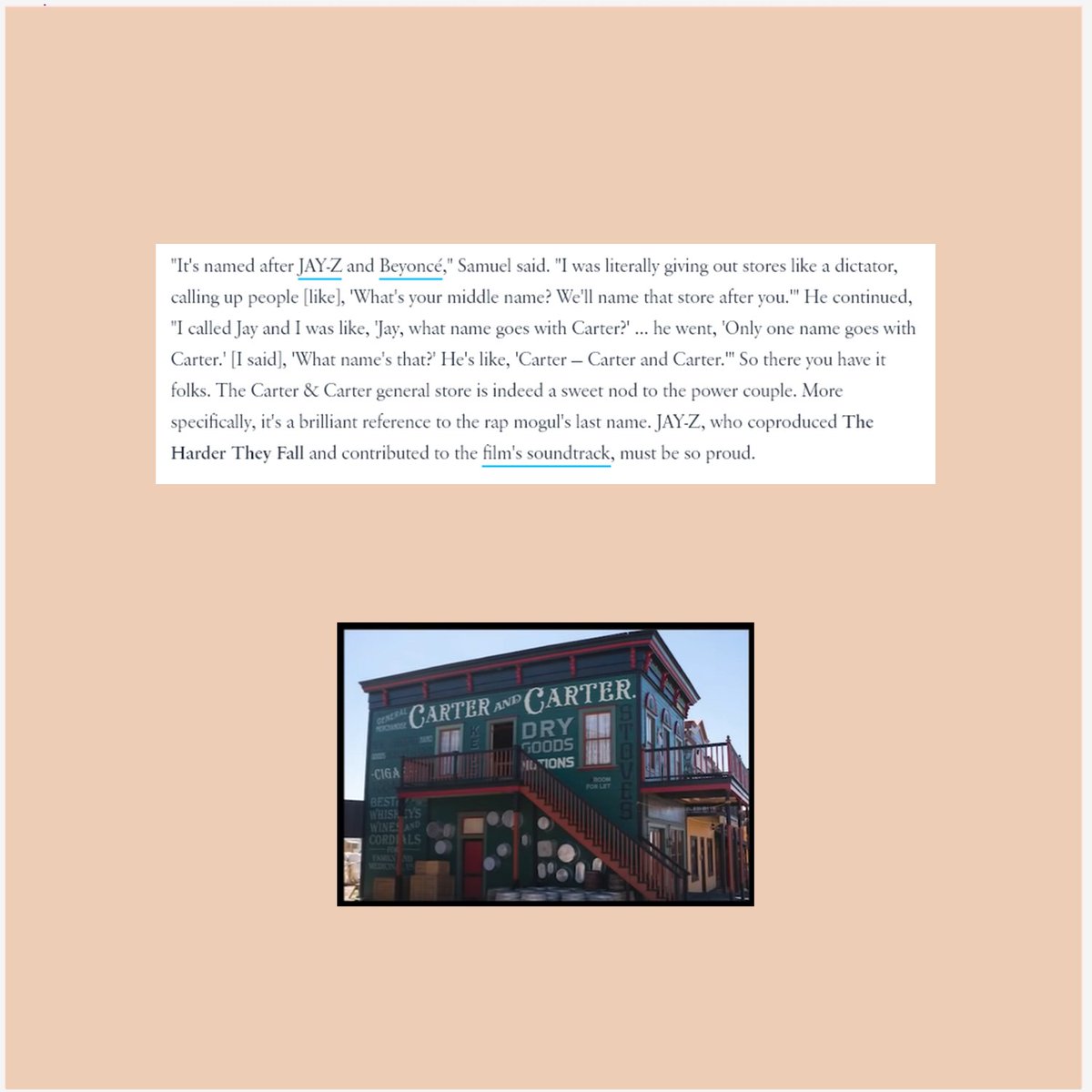 beyoncepress's tweet photo. Jeymes Samuel reveals a small tribute to Beyoncé and Jay-Z in the movie "#TheHarderTheyFall". 

Samuel explains the special meaning behind the "Carter &amp; Carter" general store that appears throughout the town of Redwood. https://t.co/nMuqjGuqHY