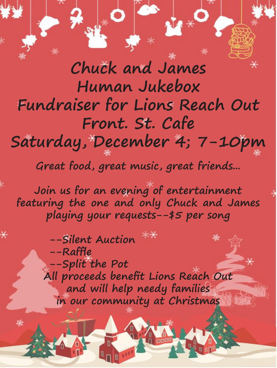 NRLionsReachOut's tweet photo. Lions Reach Out fundraiser, Dec. 4 at Front St. Cafe--Chuck and James Human Jukebox, raffle, silent auction, split the pot-join us for great food and great music for a great cause!  Still looking for donors/sponsors.  Contact Sue at griffin_s@nrschools.org for ways you can help. https://t.co/9134HfzdOl