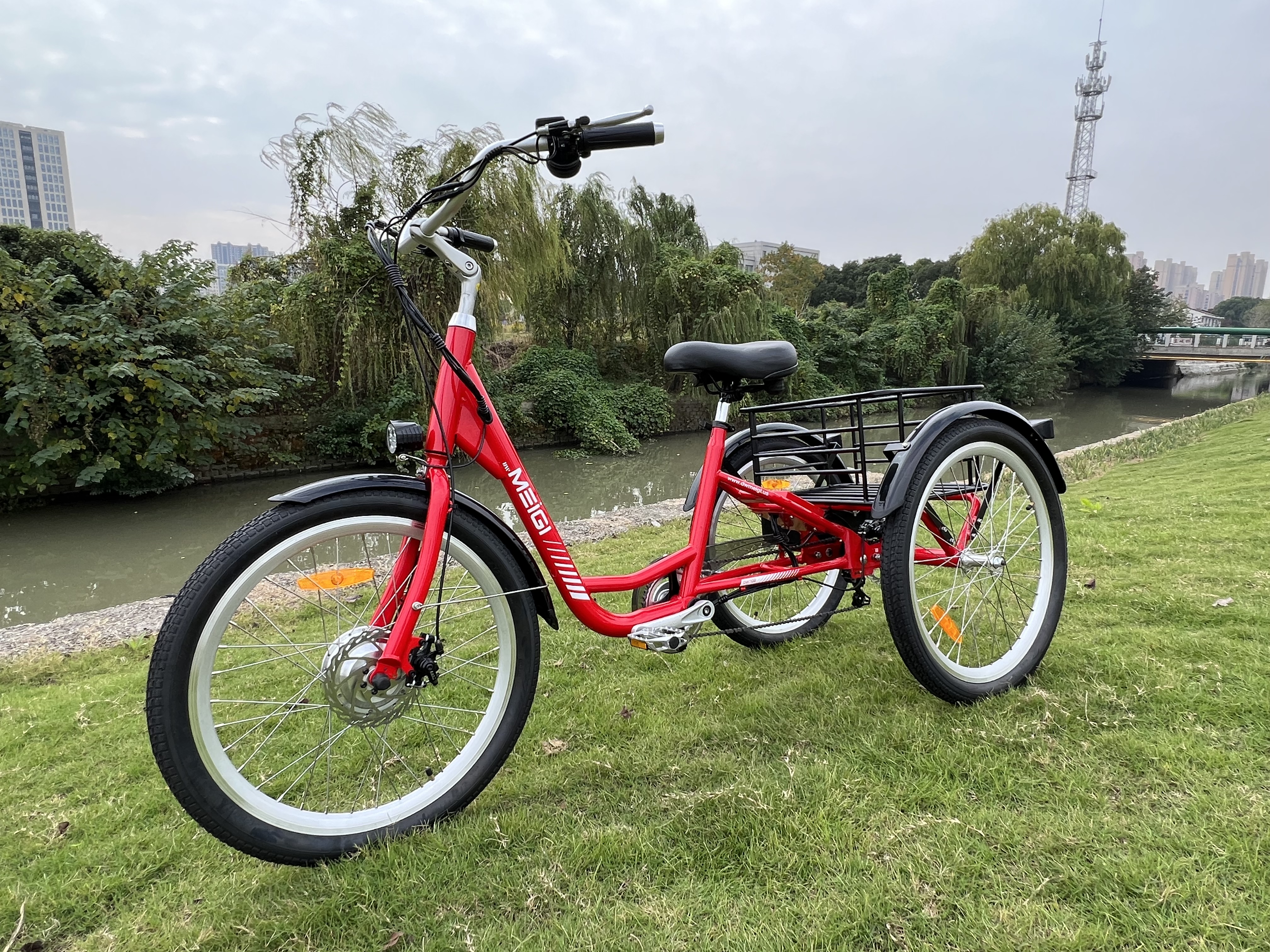 DWMEIGI 3 Wheel Electric Bike for Adult with 750W Motor 7 Speed 48V 18.2AH Removable Lithium Battery 20*4.0 Fat Tire Tricycles for Men Women with Front & Rear Baskets 