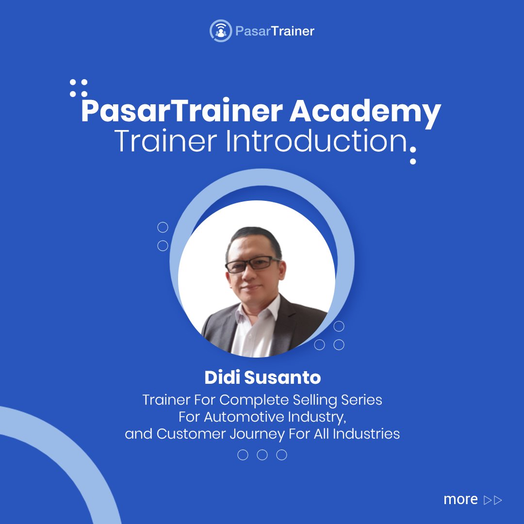 PasarTrainer's tweet image. Meet Our Trainer: Didi Susanto

Find what he teaches at PasarTrainer: bit.ly/PTA_didisusanto

#pasartrainer #trainerprofile #trainingmarketplace #trainingprogram #trainingday