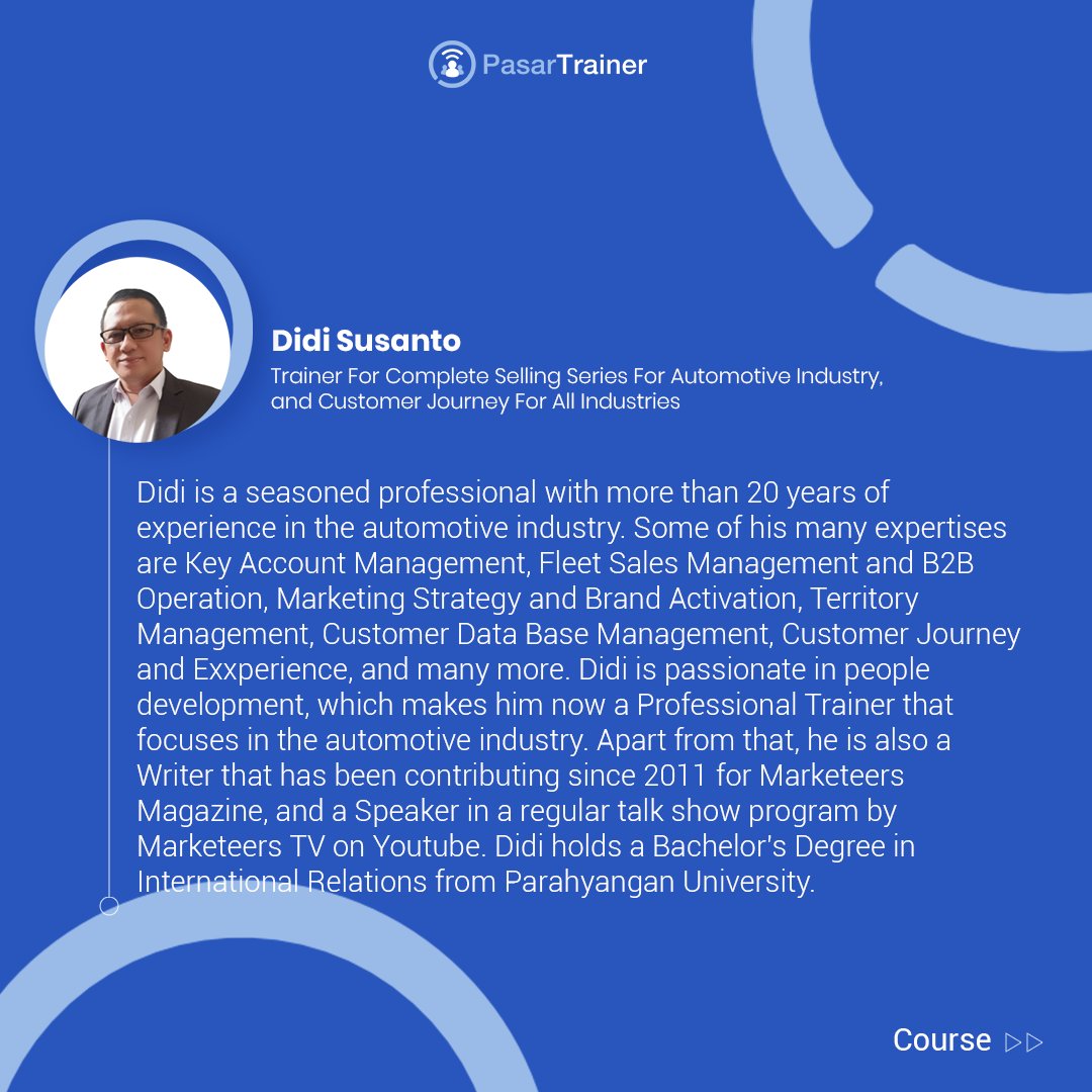 PasarTrainer's tweet image. Meet Our Trainer: Didi Susanto

Find what he teaches at PasarTrainer: bit.ly/PTA_didisusanto

#pasartrainer #trainerprofile #trainingmarketplace #trainingprogram #trainingday