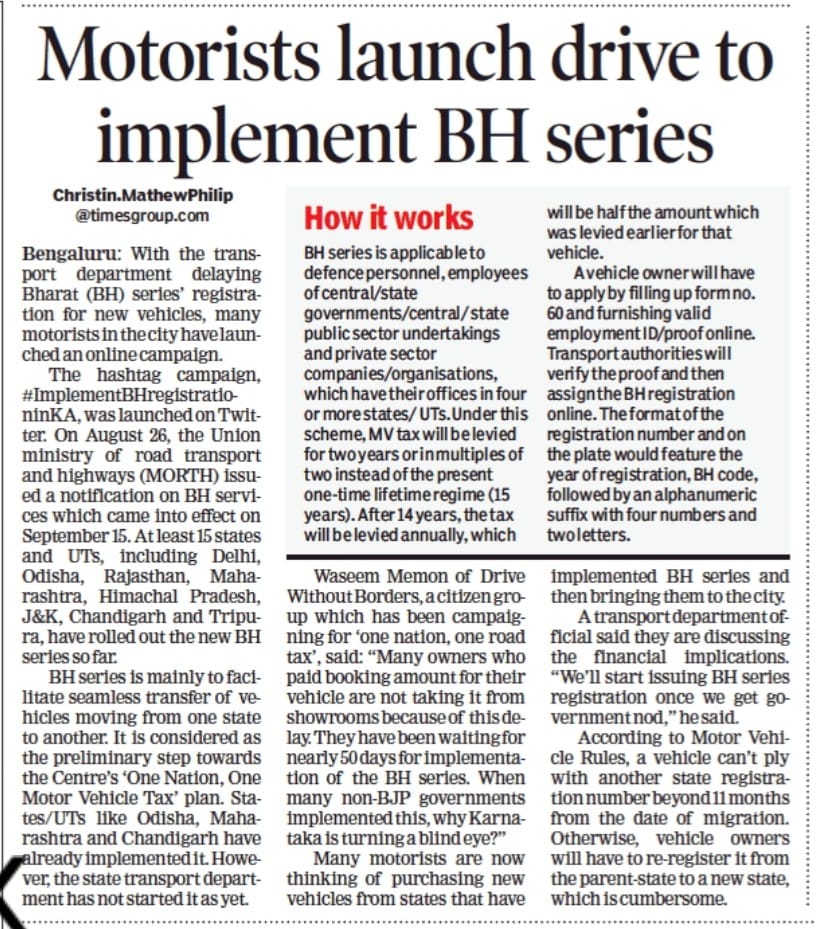 ChristinMP_'s tweet photo. The hashtag campaign, #ImplementBHregistrationinKA, was launched on Twitter. At least 15 states and UTs, including Delhi,Odisha,Rajasthan,Maharashtra, Himachal Pradesh,J&amp;K,Chandigarh &amp; Tripura, have rolled out the new BH-series so far @CMofKarnataka @sriramulubjp @tdkarnataka https://t.co/tTuxtQ8sMn