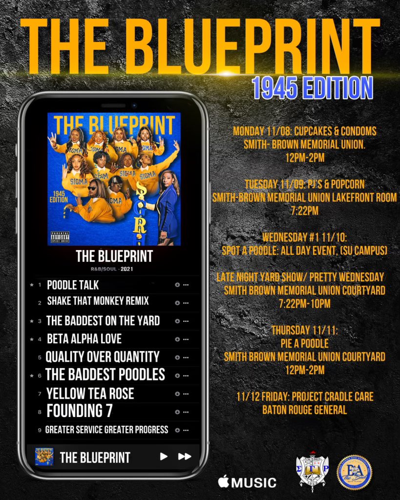 BA_poodles's tweet photo. THE BLUEPRINT: 1945 EDITION π©
Dropping today @9PM CST, exclusively on Founders Week Music.
Tune in with the @betaalphapoodles this week as we press βΆοΈ on our favorite tracks off the album π₯
#Greater
#SigmaGammaRho
#Sgrho1922 #THEBLUEPRINT #SGRHOWEEK #1945 #BaddBetaAlpha https://t.co/zknmBFbzhU
