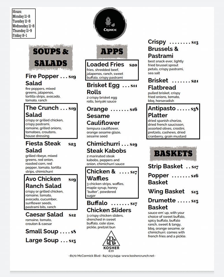 cRcKosher's tweet photo. #Crunch. has some great new #menu items!  Check them out! #kosher #restaurant #takeout #dinein #DineInAgain #supportsmall #supportlocal #chickenpoppers #chickenwings #cholent #yapchik #dips #salads #soups https://t.co/bwBhyvBopN