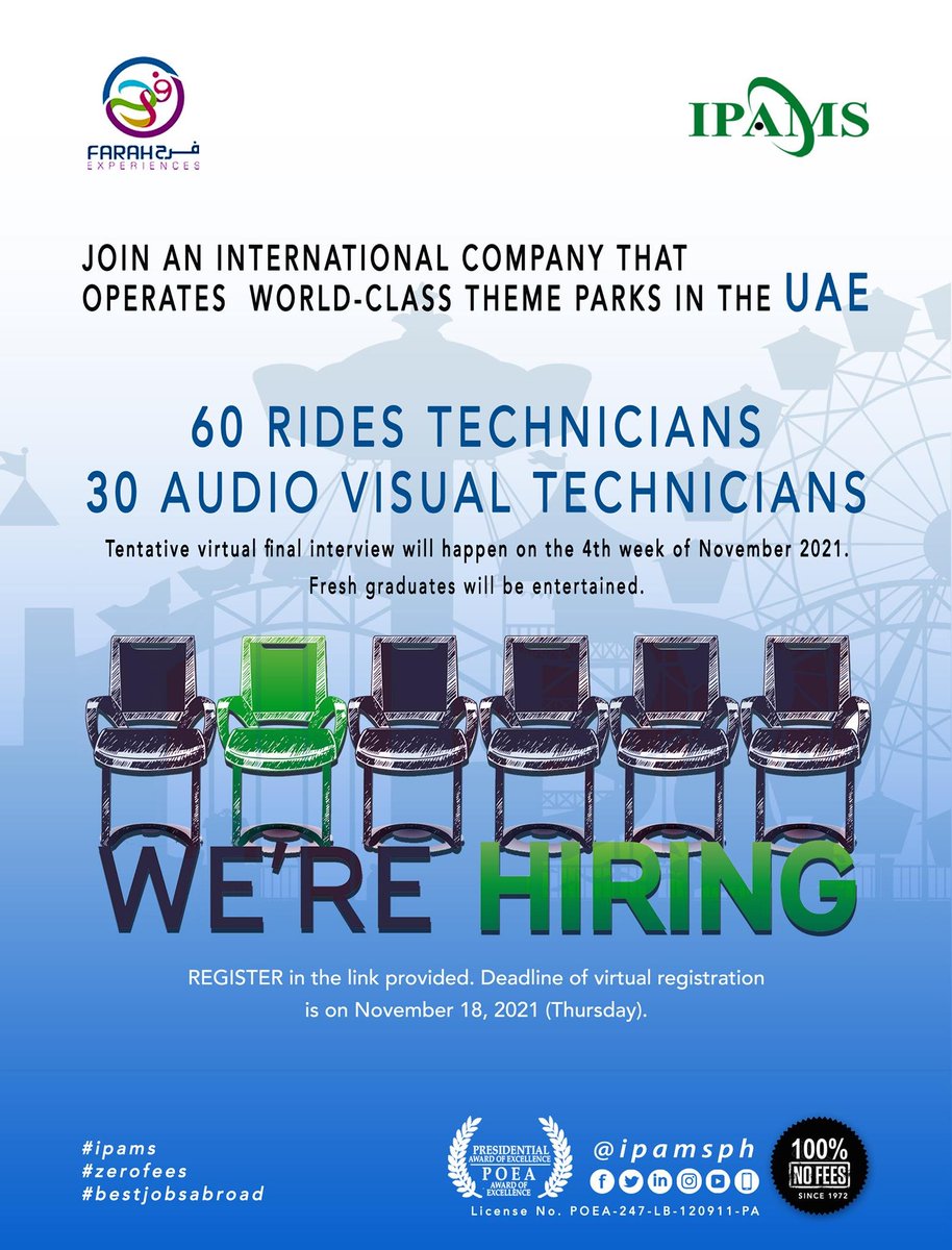 ipamsph's tweet photo. Farah Experiences is gearing towards the New Normal of world-class entertainment! 60 Pinoy Rides Technicians, 30 Audio-Visual Pinoy Technicians are needed in the UAE! Click the link to apply - https://t.co/MPjIOfJuAj #bestjobsabroad #IPAMS #nofeestobecollected https://t.co/lLofHLALzq