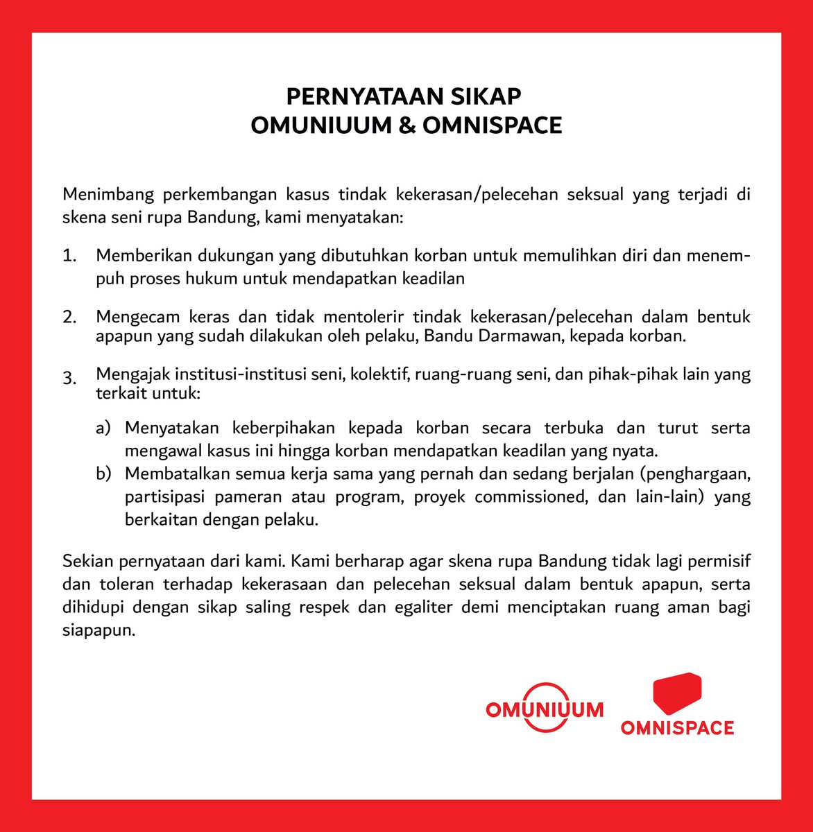 omuniuum's tweet image. Pernyataan resmi @omuniuum dan @omnispace_id untuk menanggapi kasus kekerasan seksual yang terjadi di skena seni rupa Bandung dan menanggapi pernyataan dari @ruanggerilya #omuniuum #omnispace #westandwithvictim
