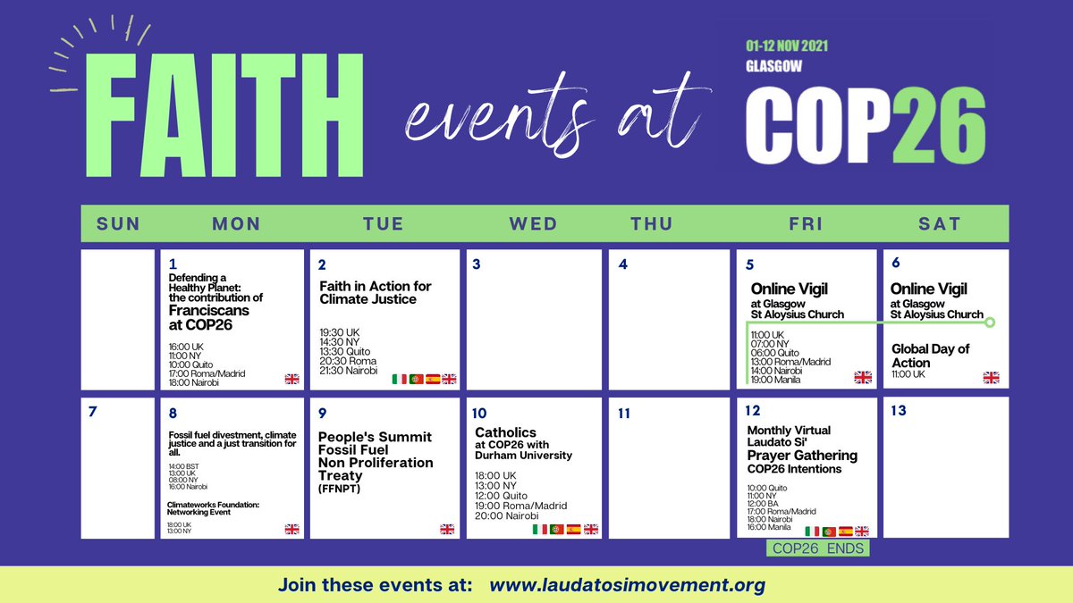 LaudatoSiMvmt's tweet photo. See our events for #COP26! Learn more and join us at 👉https://t.co/pPWNnm95hh 🌐 #LSMCOP https://t.co/kcm1S5F7Xo