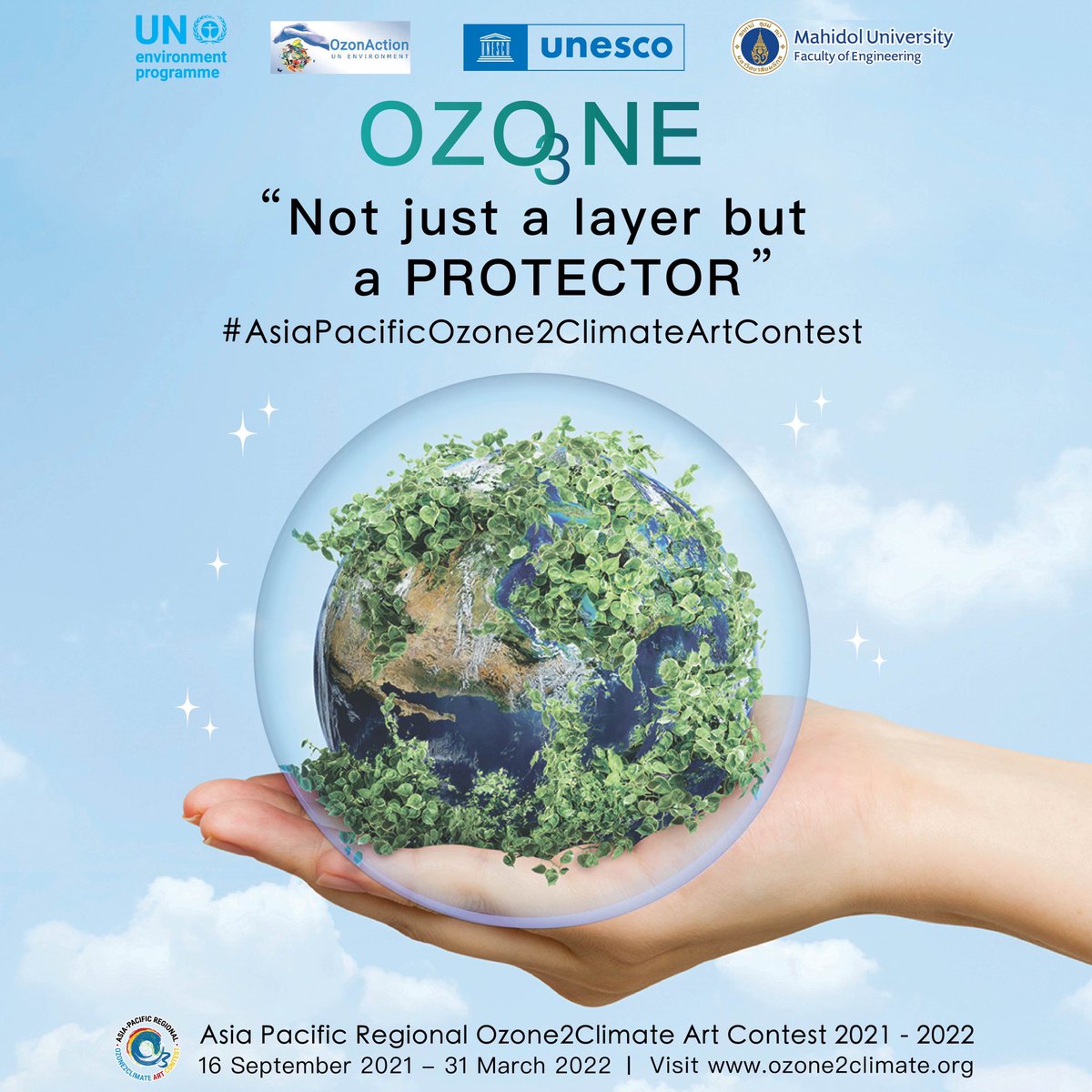 APozone2climate's tweet photo. OZONE "Not just a layer but a protector"

Share your idea of #Ozone2ClimateAction in #AsiaPacificOzone2ClimateArtContest 🎨📸

📆 Deadline: 31 Mar 2022
📍https://t.co/Qs05iE33un https://t.co/tunqmEcEv6