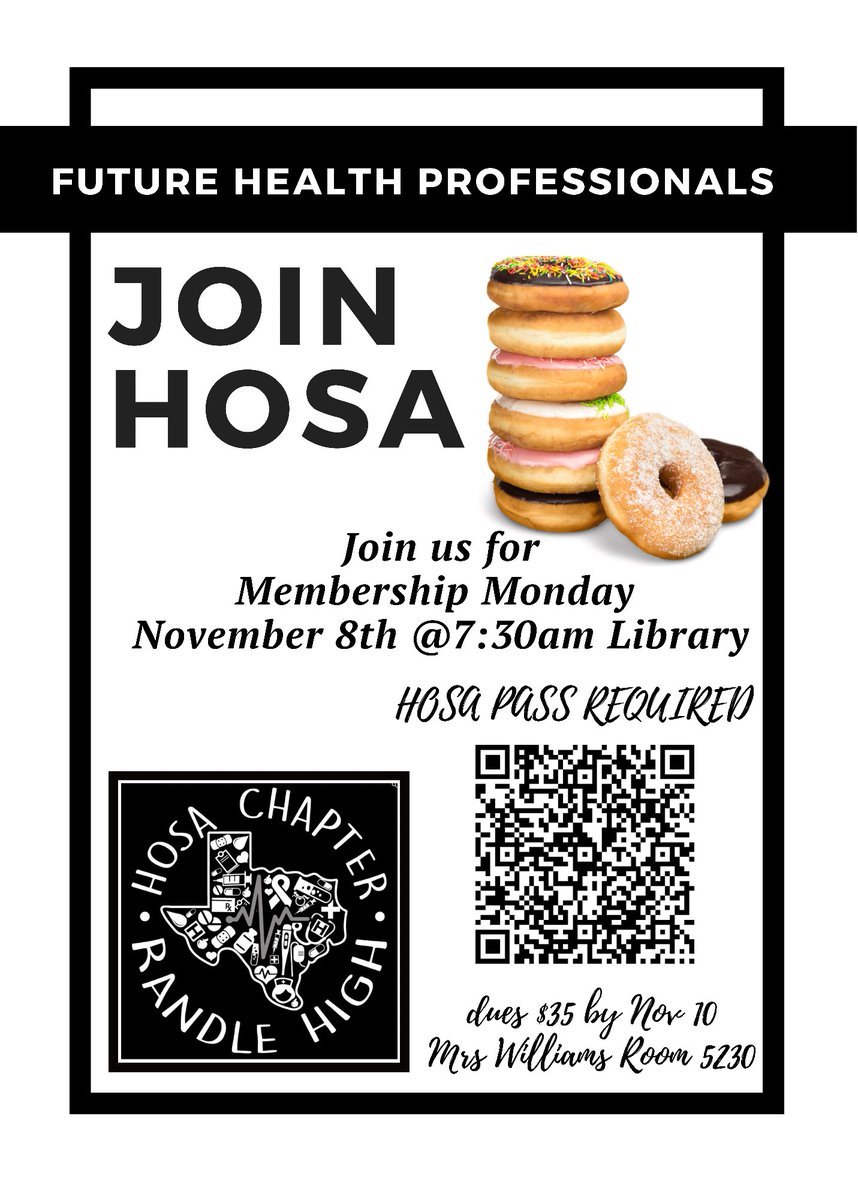 RandleHealthCTE's tweet photo. Calling all students who are Future Health Professionals! Join us tomorrow morning in the Library! Last week to join HOSA! @RandleHS 🖤🤍🦁 https://t.co/Lhr9hsA9EK https://t.co/QH2GJL9Oro