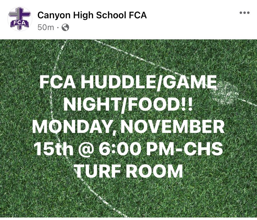 CanyonHighFCA21's tweet photo. Next Huddle!!! Be there or be square!! https://t.co/3CgjgJLcwS