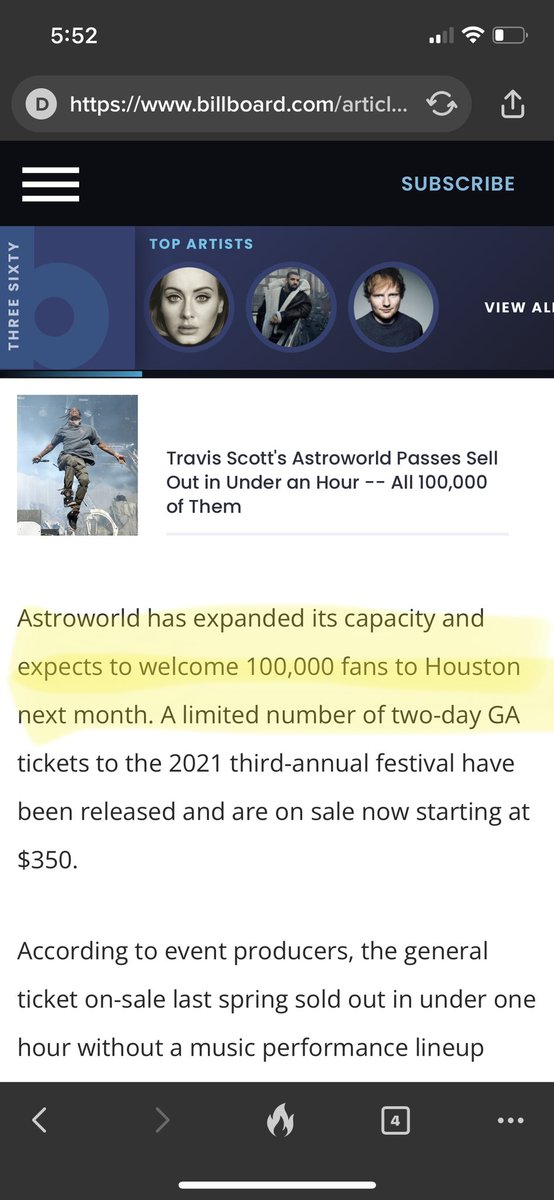 TiredOfTweeter's tweet photo. #TravisScott doubled his show size &amp; sold out 100K tickets in 30 minutes. Then how were there only 50K attendees? Esp considering those that broke in? Articles published *after* Friday’s concert say 50K in attendance at #Astroworld. Every article before that says 100K. Why? https://t.co/O23kTDCtAO