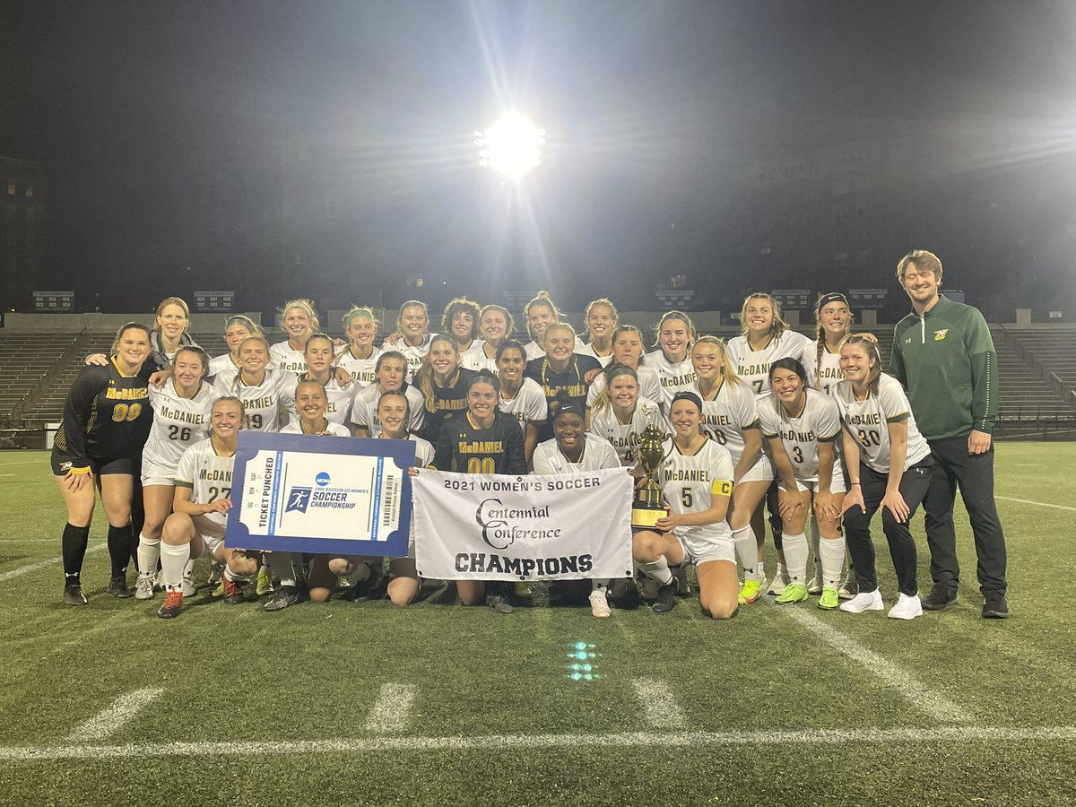 CHAMPIONS! #McDaniel makes all five PKs in the first round of the shootout to take home the trophy, 5-4 in the shootout. Women’s soccer grabs the AQ and will find out its NCAA foes at 1:00 tomorrow. #getonthehill