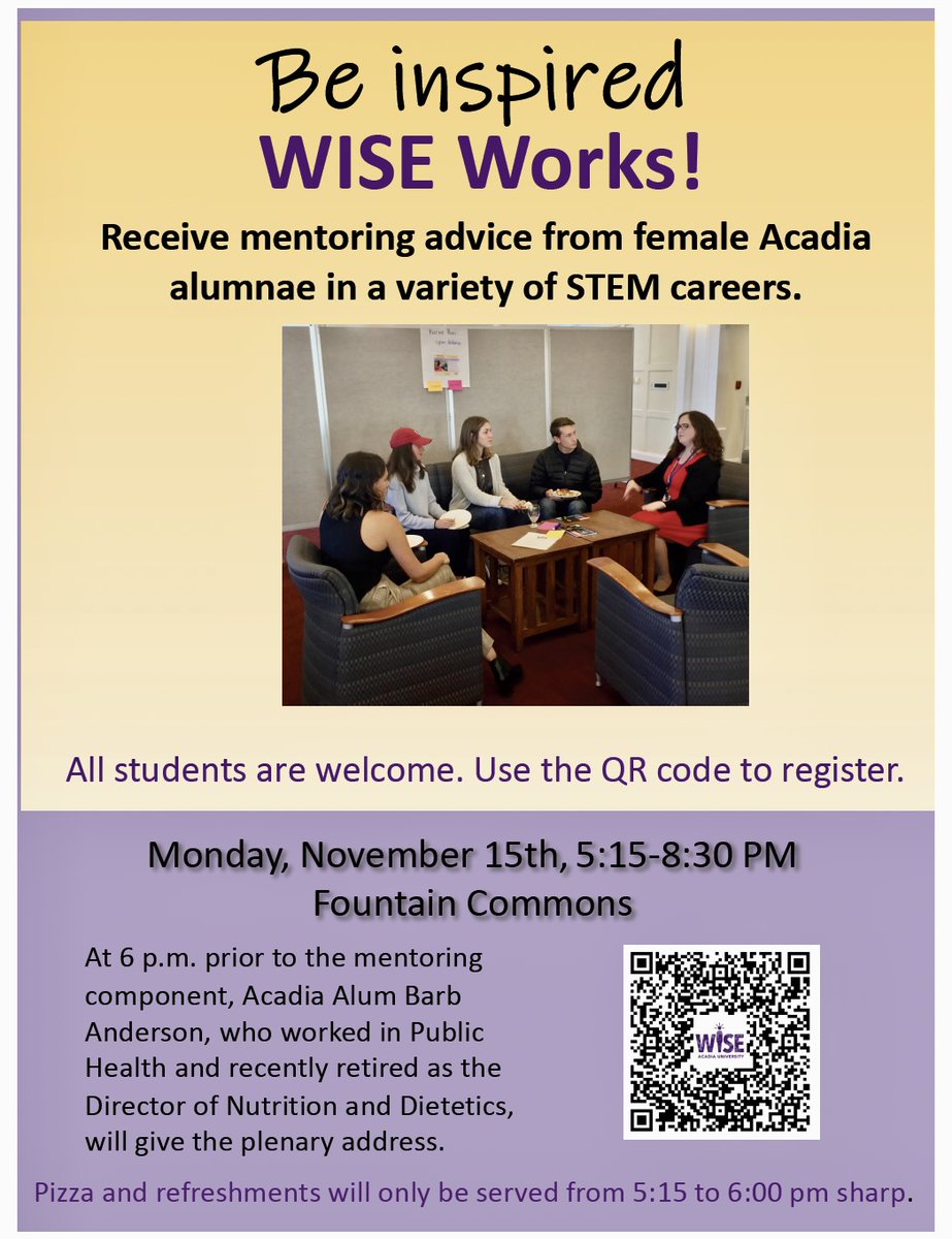 The 4th biannual #WISEWorks event is on Mon. Nov 15, 5:15-8:30 pm. The career mentoring event is for any student <a href="/AcadiaU/">Acadia University</a> for what will be a fun evening w/ a plenary, speed meetings w/ <a href="/acadia_alumni/">Acadia Alumni</a> &amp;🍕Registration is required by Nov 12: oaevents.acadiau.ca/index.php/civi…