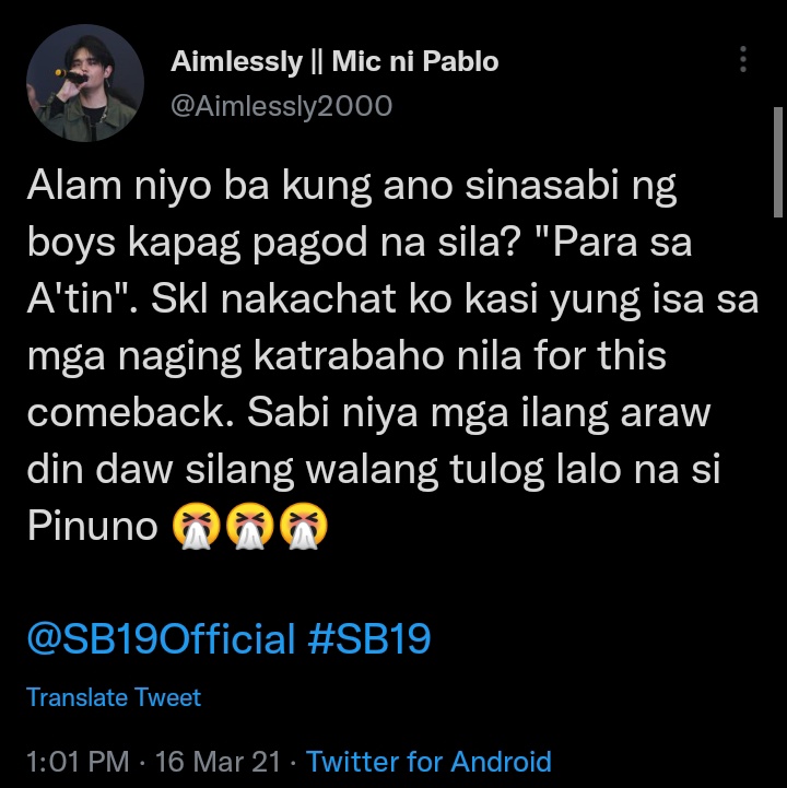 urlovekeun's tweet photo. naalala nyo yung

"alam nyo kung ano yung sinasabi nh boys kapag pagod na sila?" 

"para sa A'TIN" 

this time, tayo naman yung maghihirap bumoto araw araw at kapag napagod, ano ang tugon? 

"para sa SB19" 

🥺🥺
@SB19Official #SB19 https://t.co/z4zo38XqZT