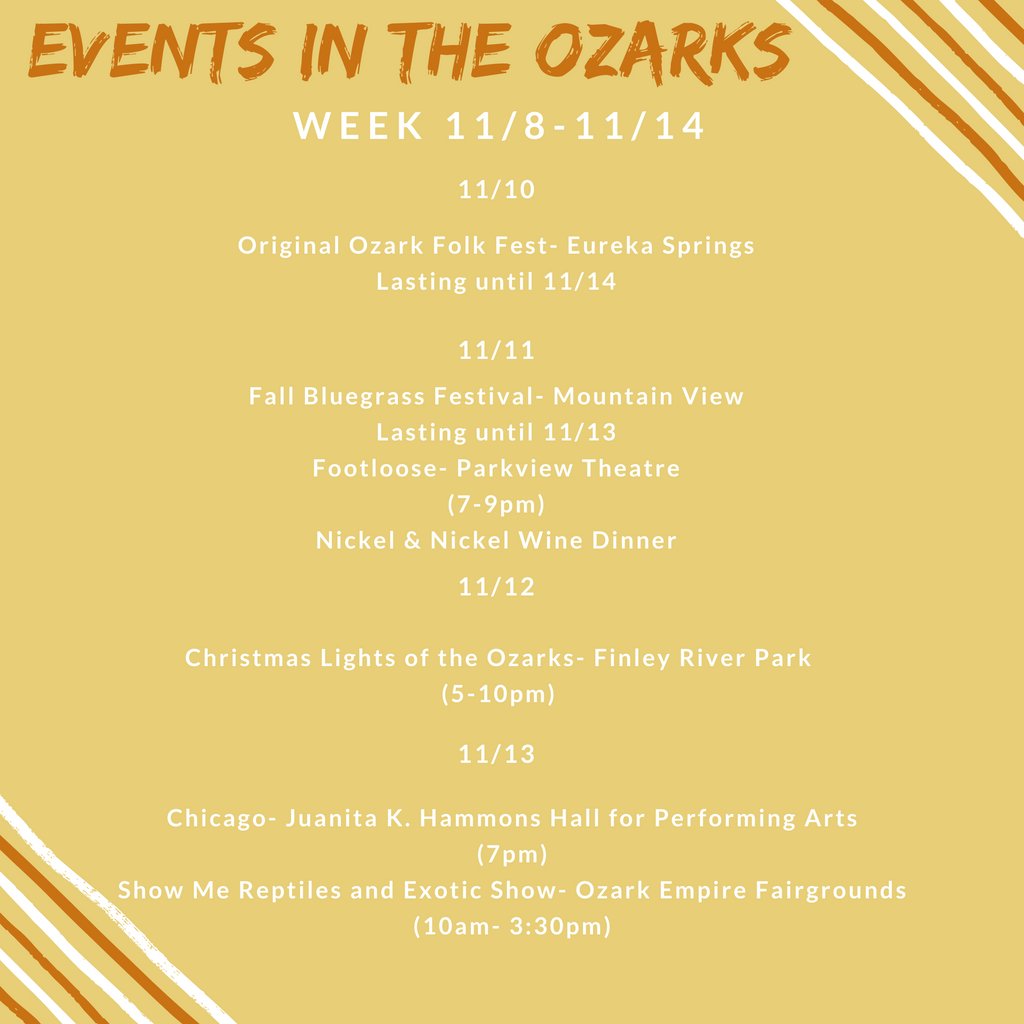 FallfortheOzark's tweet photo. Here's all the happenings in the Ozarks this week!
We are trying to keep fall alive with all the Christmas cheer starting to come in!
Are you a Christmas after Halloween or Thanksgiving person? ππ¦
#SGFfall #FallfortheOzarks #Fall #SGF #Springfield #Ozarks https://t.co/8gbEaW5ewZ