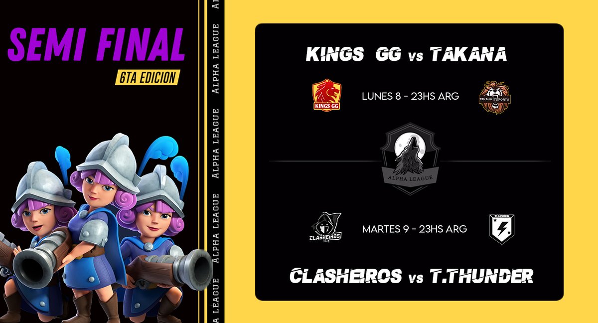 🐺 Alpha League (@alphaleaguecr) on Twitter photo 🐺 ALPHA LEAGUE || #semi || 1°💰20
🔰 <a href="/KingsGG8/">Kings GG</a> vs <a href="/EsportsTakana/">Takana Esports</a>
🗓️ Lunes 8 - 23hs 🇦🇷
📺 Caster: <a href="/ChristianElNob/">ChristianElNob</a>
🔰 @ClasheirosB vs @teamthundercr
🗓️ Martes 9 - 23hs 🇦🇷
📺 Caster: <a href="/ChristianElNob/">ChristianElNob</a> 🐺 ALPHA LEAGUE || #semi || 1°💰20
🔰 <a href="/KingsGG8/">Kings GG</a> vs <a href="/EsportsTakana/">Takana Esports</a>
🗓️ Lunes 8 - 23hs 🇦🇷
📺 Caster: <a href="/ChristianElNob/">ChristianElNob</a>
🔰 @ClasheirosB vs @teamthundercr
🗓️ Martes 9 - 23hs 🇦🇷
📺 Caster: <a href="/ChristianElNob/">ChristianElNob</a>