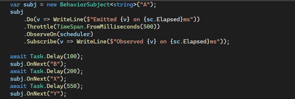 noseratio's tweet photo. #TIL, there's an important difference in #RxNET between Throttle(timeSpan, scheduler) and Throttle(timeSpan).ObserveOn(scheduler).
Below, only Y will be observed with the former, but both X and Y with the latter. Rx is fun! https://t.co/YfX7oiS9Gw
#dotnet #csharp #reactivex https://t.co/qfV2Q9y2lc