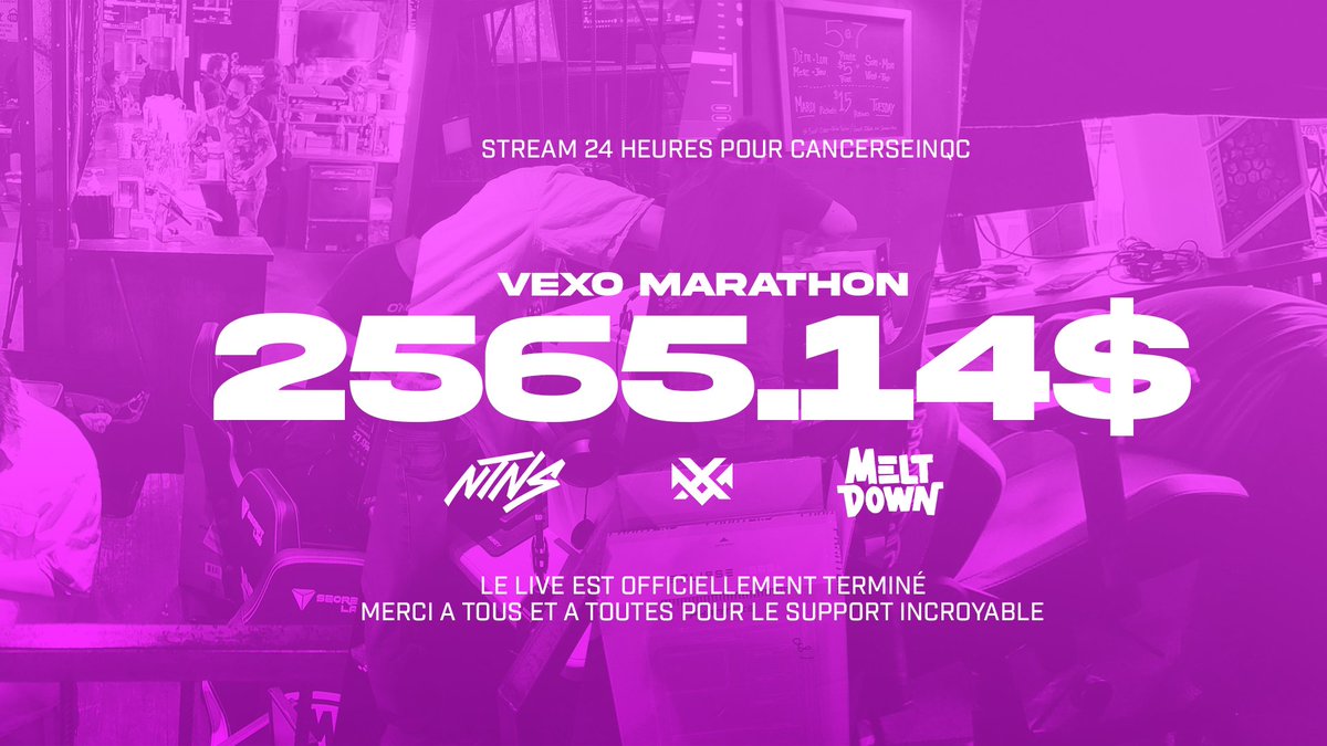 VexoOrg's tweet photo. Nous tenions à remercier tous nos partenaires pour le #MarathonVexo. Merci aussi à toutes les personnes qui ont donné au total 2565.14$ pour soutenir la fondation @CancerseinQC. La levée de fond n’aurait pu avoir lieu sans l’aide incroyable des createurs de contenu sur place. https://t.co/mdWUS9g2Lo