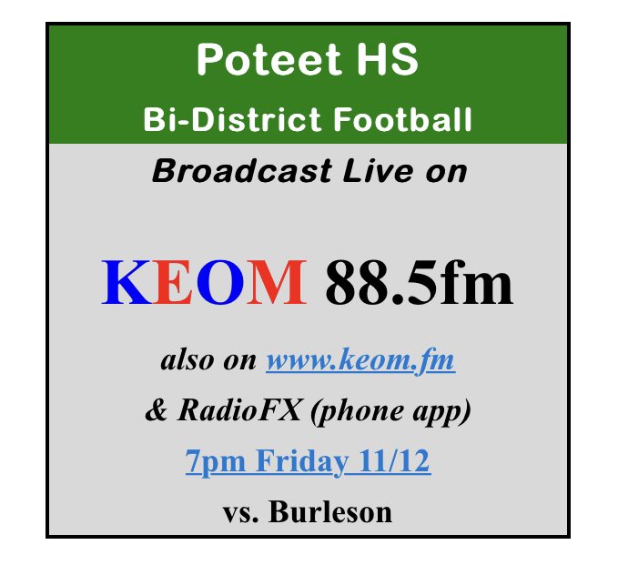 RalphHPoteetHS's tweet photo. 🏈🏈🏈 Post-season Football in November is here!
 
Game specifics:
Poteet vs Burleson
Friday, Nov. 12
7pm Kickoff
Mesquite Hanby Stadium

The game will also be broadcast live on KEOM 88.5 FM

Let’s Go Pirates!!💚🏴‍☠️💪 

#poteetstrong #ThisIsPoteet https://t.co/tJ8YH0SOHG