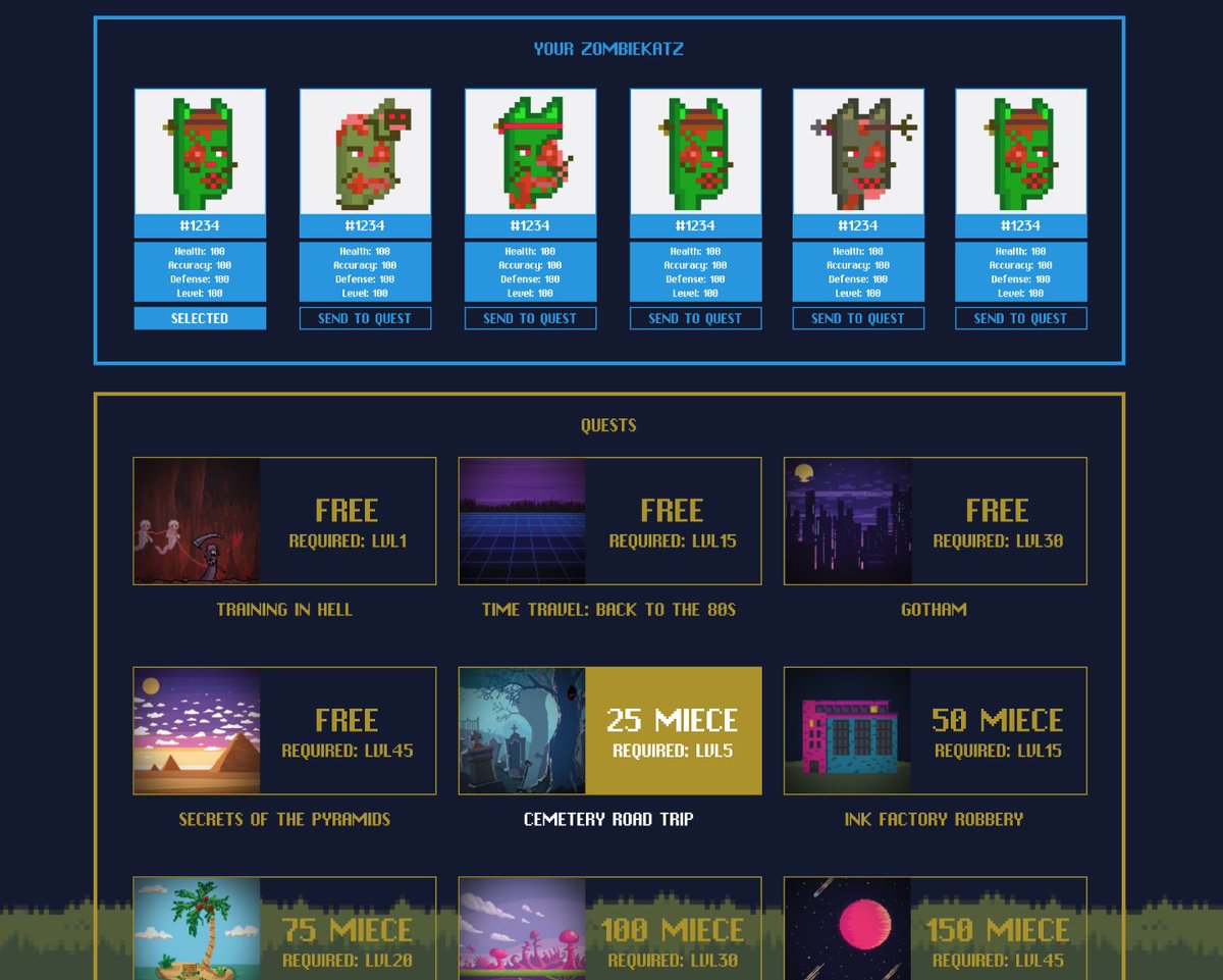 Here's a preview on how cMyZombiez Questing will work via our dApp🤖

(see previous tweet for Questing infographic) 

Deployment tomorrow - drop is right around the corner. 🤘

As always, Discord for latest updates