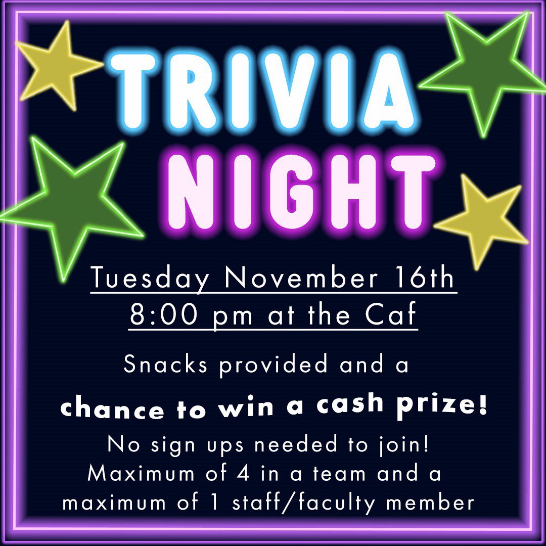 lifefpu's tweet photo. Trivia Night!!! That’s right! We pay YOU to study😉 (as long as your team wins)! 

🌟teams of 4 maximum!
🌟only 1 staff/faculty/professor is allowed per group and counts as one of your 4 team members! 

Join us for snacks, laughs and a good time!! 🥨‼️🤩 https://t.co/BWliJvrRgW
