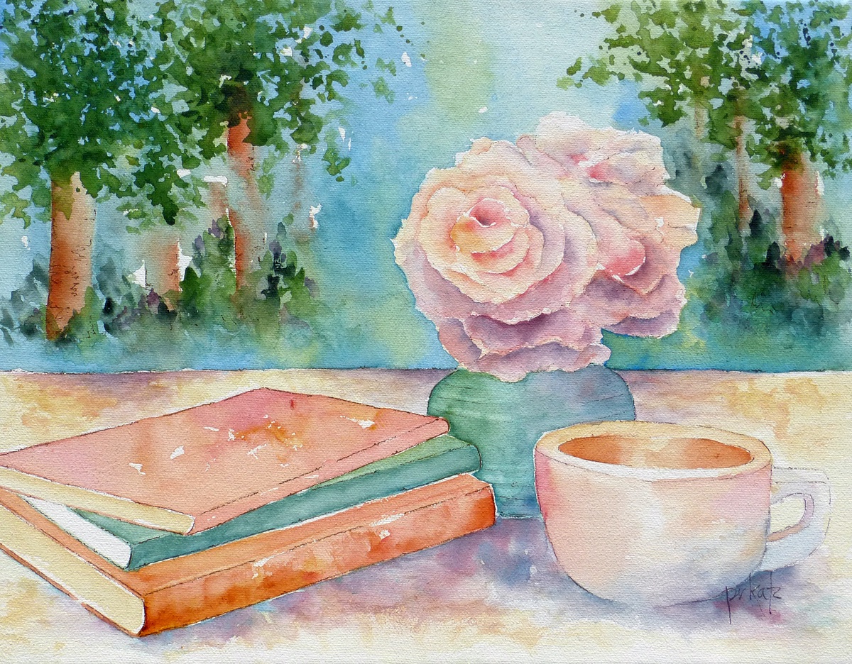 ‘Coffee, Books &amp; Roses’ invites you to sit and pause awhile. Will you be reading or  writing - or sipping your cuppa and enjoying the scent of the roses and the sights? Watercolor On  Canvas 14” X 11” X 1” Framed See Link: pauseworks.com/patkatzartwp/s…